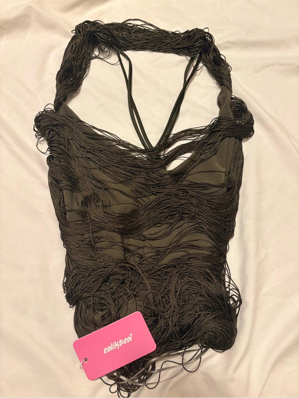 Edikted Fringe Halter Top in Olive Green. New with tags.